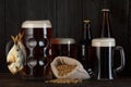 Beer mugs and bottles with smoked salty fish Royalty Free Stock Photo