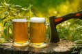 Beer mugs cheers on natural background Royalty Free Stock Photo