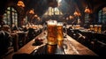 Beer mugs with fresh pretzels or brezen at Oktoberfest, Munich, Germany