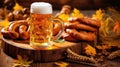 Beer mugs with fresh pretzels or brezen at Oktoberfest, Munich, Germany