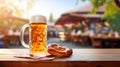 Beer mugs with fresh pretzels or brezen at Oktoberfest, Munich, Germany