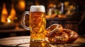 Beer mugs with fresh pretzels or brezen at Oktoberfest, Munich, Germany