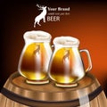 Beer mugs Vector realistic design. Mock up product packaging. Wood barrel red background illustrations Royalty Free Stock Photo