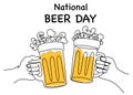 National Beer day. Two hands clink glasses with beer.