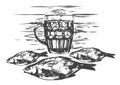 Beer party illustration. Beer mugs, fish.