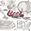 Beer party template with beer keg and mug, hop branch, wheat, chips, nuts, chicken wings and snack plate.