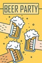 Beer party. Thin line flat design banner. Three hands holding beer glasses. Vector