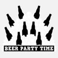 Beer party time banner with a large pile of ice cubes and black silhouettes of beer bottles. Vector Illustration.