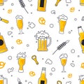 Beer pattern. Alcohol brewery. Bar menu. Mug of Octoberfest restaurant. Pub style drawing. Ale pints and crackers