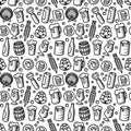 Beer pattern. Engraved style black beer illustrations.