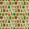 Beer pattern. Engraved style color beer illustrations.