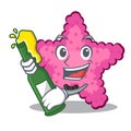 With beer pink starfish animal on mascot sand Royalty Free Stock Photo