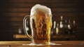 A Beer Pint\'s Overflowing Foam Head Artfully Descending onto a Wooden Surface. Generative AI