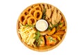 beer plate fried ribs onion rings french fries fish nuggets on a wooden plate on a white background1