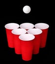 Beer pong. Red plastic cups and ping pong ball over black