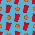 Beer pong seamless pattern. Red plastic cups on blue background. Famous american party drinking game. Vector background Royalty Free Stock Photo