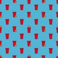 Beer pong seamless pattern. Red plastic cups on blue background. Famous american party drinking game. Vector background Royalty Free Stock Photo