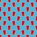 Beer pong seamless pattern. Red plastic cups on blue background. Famous american party drinking game. Vector background Royalty Free Stock Photo