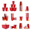 Beer pong. Set with red plastic cups and balls on white background Royalty Free Stock Photo