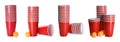 Beer pong. Set with red plastic cups and balls on white background, banner design Royalty Free Stock Photo