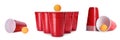 Beer pong. Set with red plastic cups and balls on white background, banner design Royalty Free Stock Photo