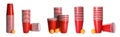 Beer pong. Set with red plastic cups and balls on white background, banner design Royalty Free Stock Photo