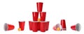Beer pong. Set with red plastic cups and balls on white background, banner design Royalty Free Stock Photo