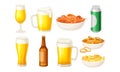 Beer Poured in Bottle and Mugs with Bowls of Shrimps and Potato Chips Vector Set