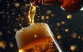 Beer is poured from dark brown bottle into beer glass. Close-up light fresh beer poured into glass. Royalty Free Stock Photo