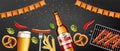 Beer, pretzel and grilled sausage Vector realistic. Food fest banner detailed 3d illustrations