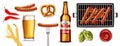 Beer, pretzel and grilled sausage Vector realistic. Food fest banner detailed 3d illustrations