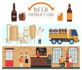 Beer production, brewery and alcohol beverages factory, brewing process and beer bar with people cartoon vector Royalty Free Stock Photo