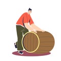 Beer production. Cartoon male character rolling wooden barrel of fresh brewed beer Royalty Free Stock Photo