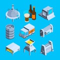 Beer production isometric. Vector tools of brewery