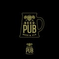 Beer Pub emblem. Mug sign with hop cones and letters. Craft Beer logotype.