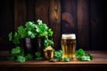 Beer pub green background clover wooden irish alcohol mug drink bar beverage celebration glass Royalty Free Stock Photo