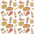 Beer Pub Hand Drawn Seamless Pattern. Brewery Background. Restaurant Menu Design