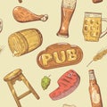 Beer Pub Hand Drawn Seamless Pattern. Brewery Background. Restaurant Menu Template