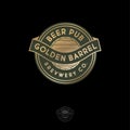 Beer Pub logo. Gold beer emblem. Beer barrel symbol and ribbon emblem.