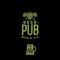 Beer Pub vintage emblem. Craft Beer logotype. Engraving shabby style. Mug sign with hop cones.