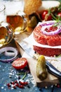 Beer and Raw Ground beef meat Burger steak cutlets with seasonin Royalty Free Stock Photo