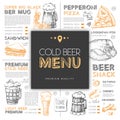 Beer restaurant menu design with hand drawing elements.