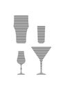 Beer, rum, liquor, martini glass in minimalist linear style. Silhouette of glassware performed in the form of black thin lines. Royalty Free Stock Photo