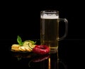 Beer, rusks, basil, chili on a saucer on dark background