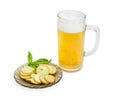 Beer, rusks with basil on a saucer on light background