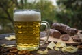 Beer, sausages and pretzels on the wooden board outdoor. October