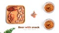 Beer with seafood snacks on a white background.