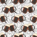 Beer seamless pattern with beer mugs and hops silhouetes