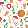 Beer seamless pattern. Brewery elements background. Oktoberfest food and drinks, wooden barrels and sausages. Trendy