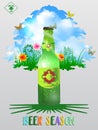 Beer season vector poster design template with beer bottle isolated on Summer or spring landscape. Green grass and flowers scenery